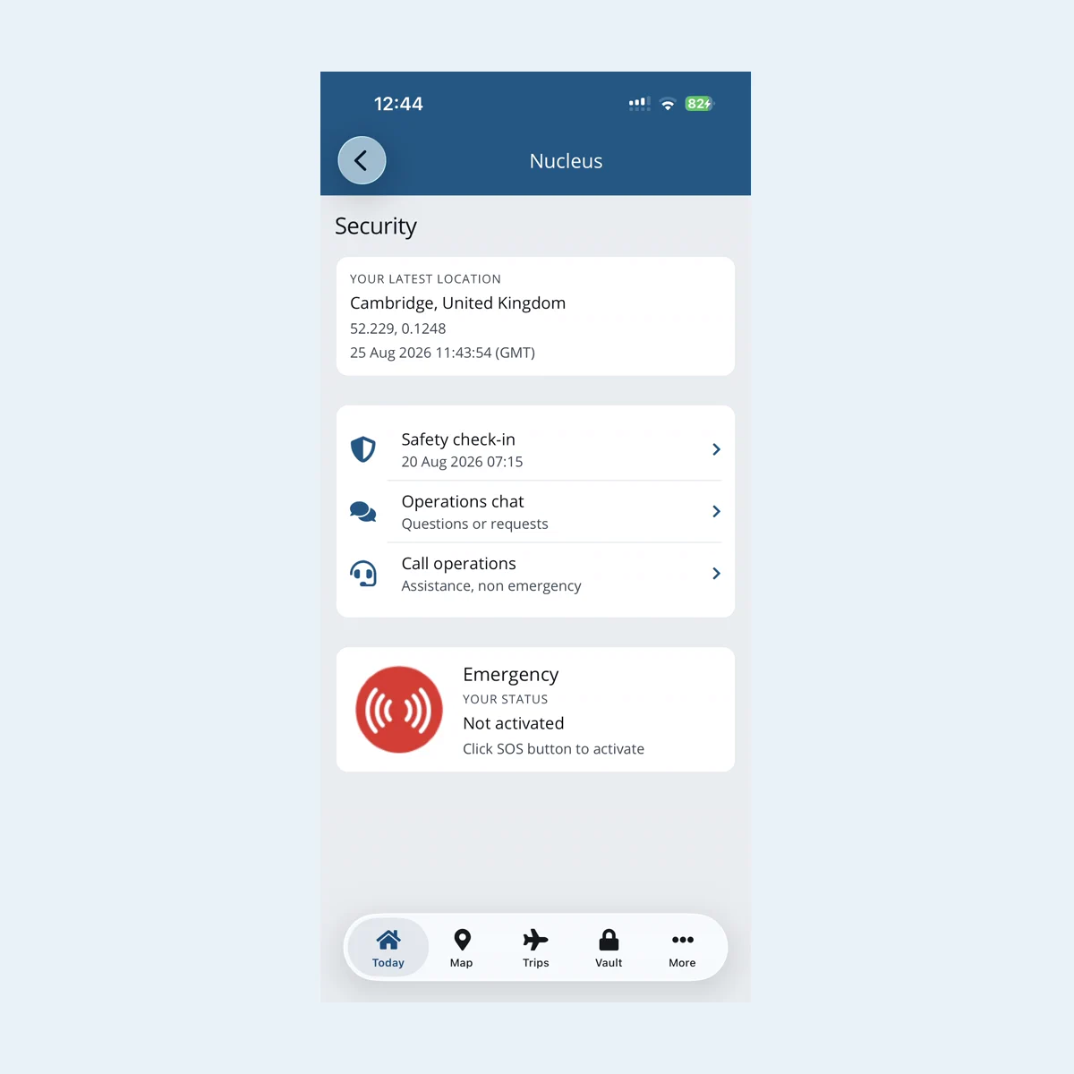 Safety check-in in the Voyage Manager app